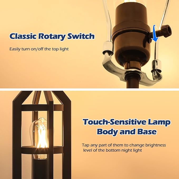 BesLowe 2-Light Farmhouse Rustic Touch Table Lamps Grey, 3-Way Dimmable Bedside Lamps with 2 USB Ports for Bedroom, End Table Lamps for Living Room with Gray Shades, 4 LED Bulbs Included, Set of 2