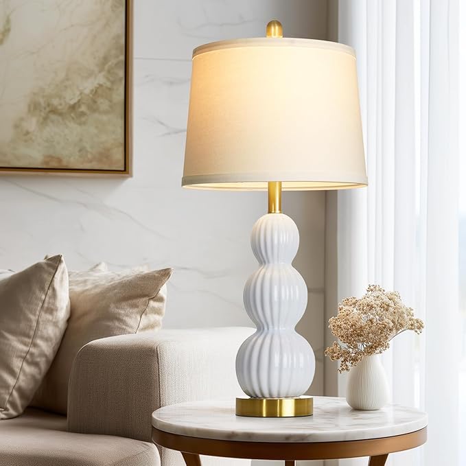 28" White Ceramic Table Lamps Set of 2, Modern Bedside Lamps for Night Stands, Triple Gourd Table Lamp for Living Room End Table or Bedroom Nightstand (2 LED Bulbs Included)