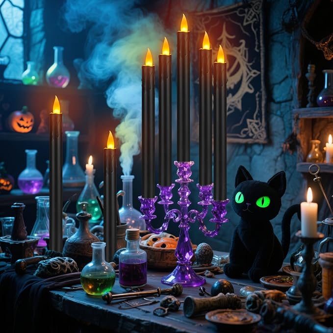 10" Flameless Taper Candles with Remote, 12 Pcs Black Electric Led candlesticks, Plastic Tall Taper Candles Battery Operated with Flickering Flame for Halloween Christmas Wedding Home Décor