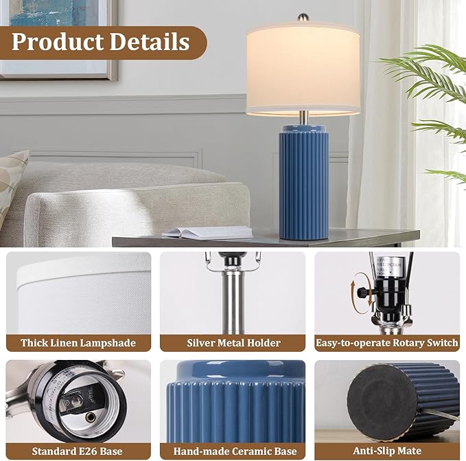 TOBUSA 23.5’’ Blue Table Lamps for Bedroom Set of 2, Modern Farmhouse Ceramic Bedside Nightstand Lamps for Living Room, Decorative Boho Ceramic Lamps Set for Home Office End Table Console, White Shade