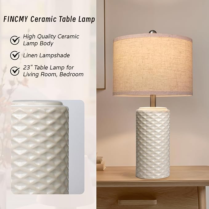 23" Bedside Lamps Set of 2, Dimmable Ceramic Table Lamps for Night Stands Modern Farmhouse Bedroom Lamps with Timer, Nightstand Table Lamps for Living Room End Table, Beige, LED Bulb Included