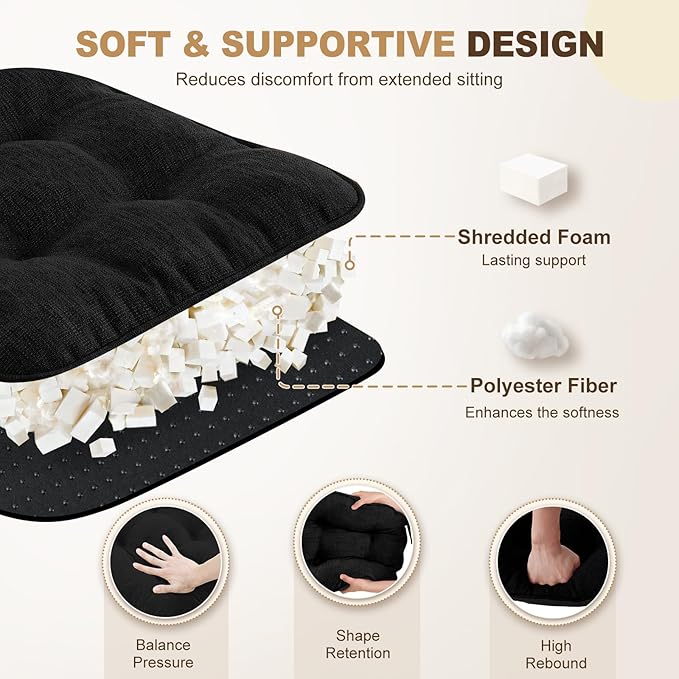 downluxe Indoor Chair Cushions for Dining Chairs, Tufted Overstuffed Textured Foam Kitchen Chair Pads with Ties and Non-Slip Backing, 15.5" x 15.5" x 4", Black, 4 Pack