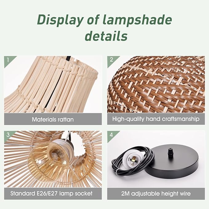 Arturesthome 19.68" Wicker Chandelier Coffee,Boho Basket Rattan Pendant Lighting Fixtures,Large Natural Woven Hanging Ceiling Lights Lamp Shade for Kitchen Island