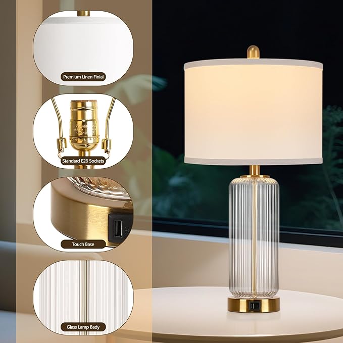 Table Lamps Set of 2 with Touch Control, 27" Modern Glass Bedside Lamps with USB A+C Ports, 3-Way Dimmable Nightstand Lamp with Vertical Grained Glass, Bedside Table Lamps, Desk Lamp for Bedroom