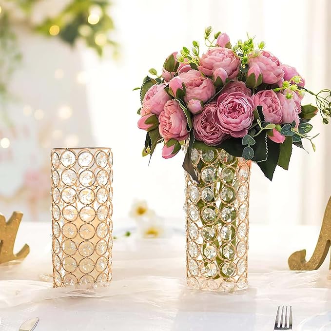 8 Pcs Crystal Metal Vase Centerpiece, 7.9" Cylinder Flower Vase and Hollow-Out Candle Holder for Wedding, Party, Home Table Decor (8, Gold)