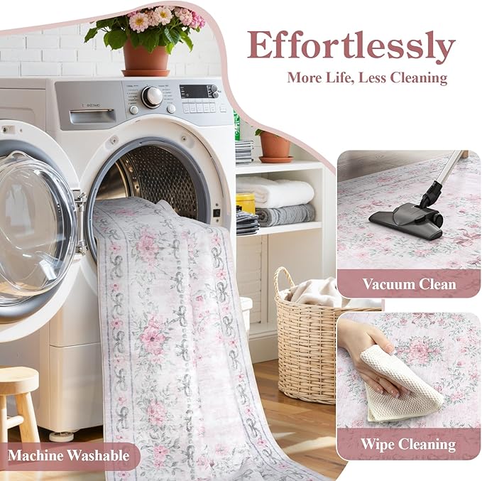 Wonnitar Pink Washable Round Rugs 6ft, Bow Round Area Rug for Bedroom, Ultra-Thin Non Slip Soft Boho Floral Circle Carpet for Teen Girl Room Kids Nursery Living Room Decor, Light Pink