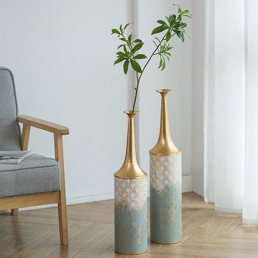 Sziqiqi Large Floor Vases Decorative Tall- 23.4/26in Set of 2 Coastal Big Vase for Home Decor Living Room Rustic Flowers Vases Metal Plant Farmhouse Vases for Pampas Grass Feathers Twigs Branches