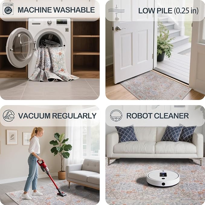 Vintage Beige Blue Living Room Rug, 6x9 Washable Area Rugs for Dining Room Under Table, Soft Low Pile Large Carpet Bedroom, Non-Slip Boho Floral (6 x 9 Beige Blue)