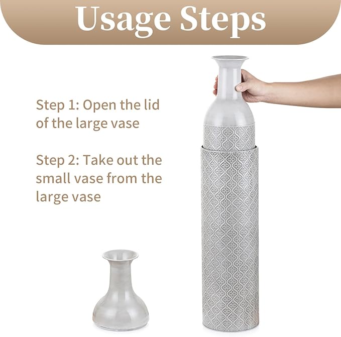 Sziqiqi Tall Extra Large Floor Vases - 21.65/27.56in Glazed Metal Set of 2 Big Oversized Vases for Pampas Grass, Twigs - Vintage Grey for Living Room, Bedroom, Home, Farmhouse