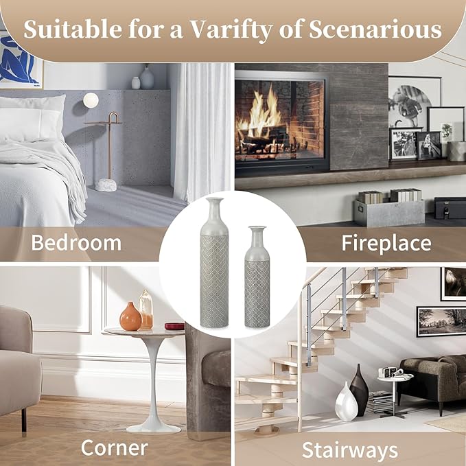 Sziqiqi Tall Extra Large Floor Vases - 21.65/27.56in Glazed Metal Set of 2 Big Oversized Vases for Pampas Grass, Twigs - Vintage Grey for Living Room, Bedroom, Home, Farmhouse