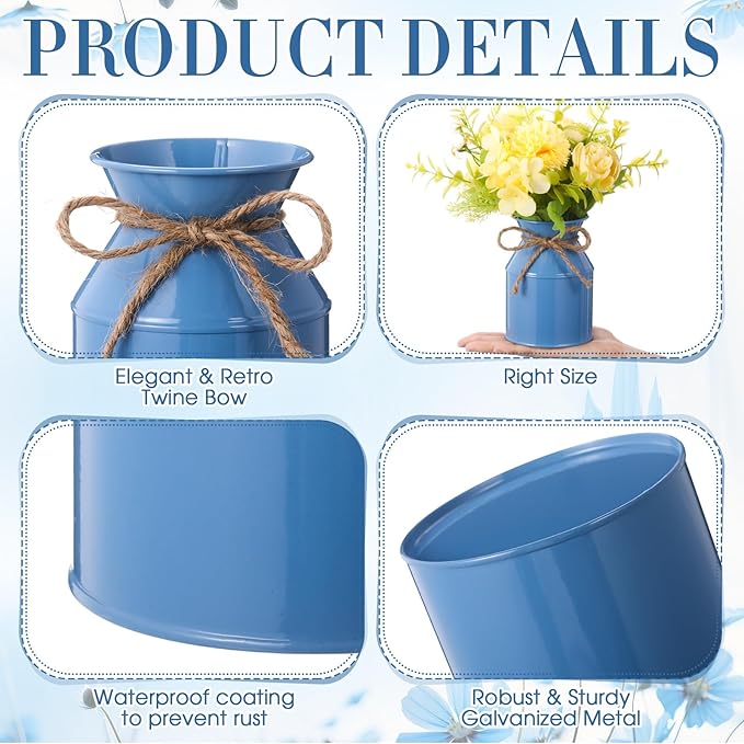 Domensi 5.12 Inch Farmhouse Metal Flower Vase Decor Rustic Galvanized Milk Can Jug Vase with Bow Flower Buckets for Table Centerpiece Fall Halloween Wedding Home Dinging Room Decor(Blue,12 Pcs)