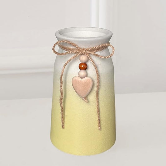 6-Inch Ceramic Flower Vase with Jute Rope & Heart Charm | Perfect for Boho, Farmhouse & Modern Home Décor, Yellow