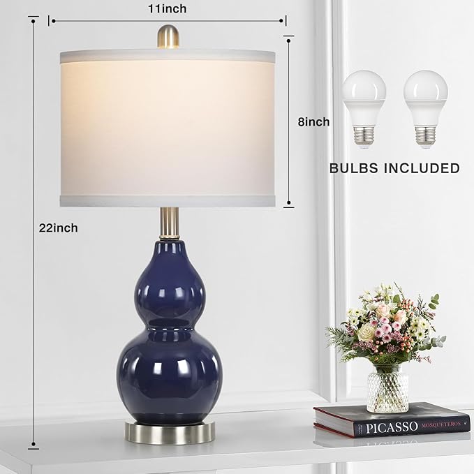 Double Gourd Ceramic Table Lamps Set of 2, Modern Navy Blue Bedside Lamps for Night Stand, Contemporary Nightstand Lamps for Bedroom Living Room (Bulb Included)