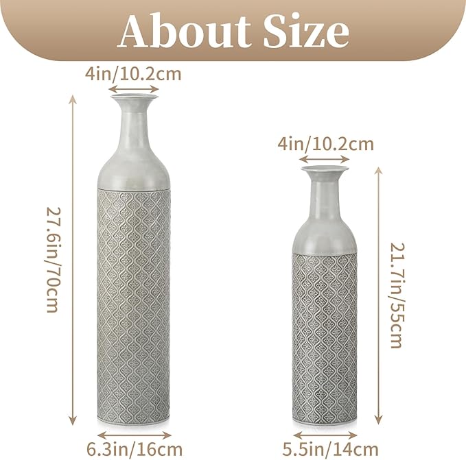 Sziqiqi Tall Extra Large Floor Vases - 21.65/27.56in Glazed Metal Set of 2 Big Oversized Vases for Pampas Grass, Twigs - Vintage Grey for Living Room, Bedroom, Home, Farmhouse