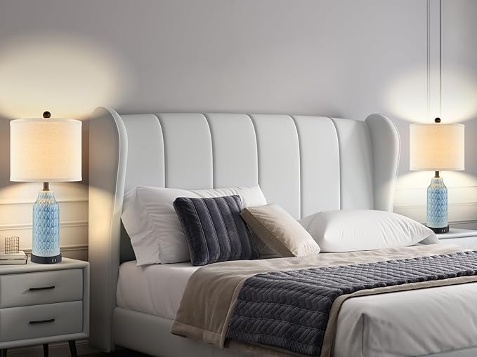Ceramic Table Lamps for Bedroom Set of 2,Touch Lamp with USB Ports for Nightstand, 3-Way Dimmable Blue Coastal Bedside Lamps for Bedroom Living Room End Table Side Table(Bulbs Included)