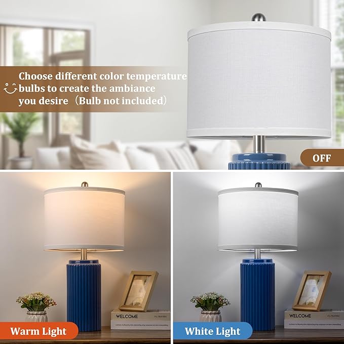 TOBUSA 23.5’’ Blue Table Lamps for Bedroom Set of 2, Modern Farmhouse Ceramic Bedside Nightstand Lamps for Living Room, Decorative Boho Ceramic Lamps Set for Home Office End Table Console, White Shade