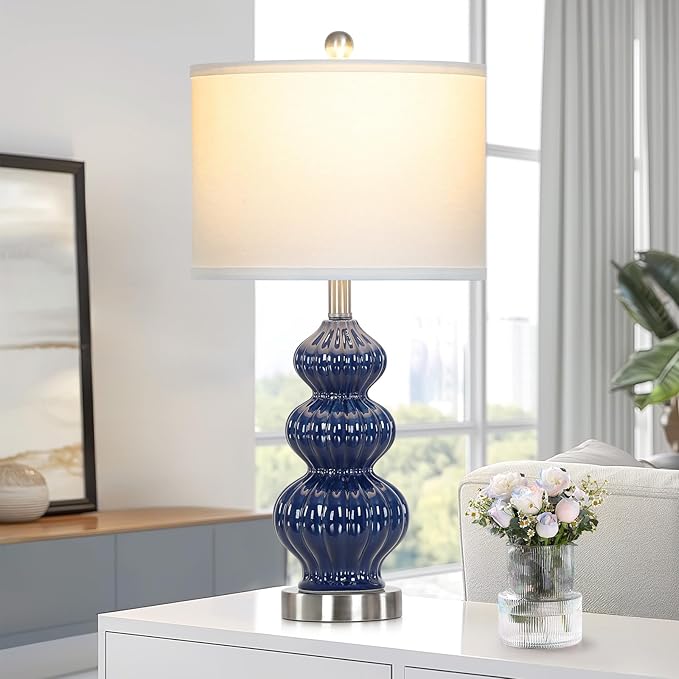 Triple Gourd Ceramic Table Lamps Set of 2, Modern Blue Bedside Lamps with Rotary Switch, Contemporary Nightstand Lamps for Bedroom Living Room