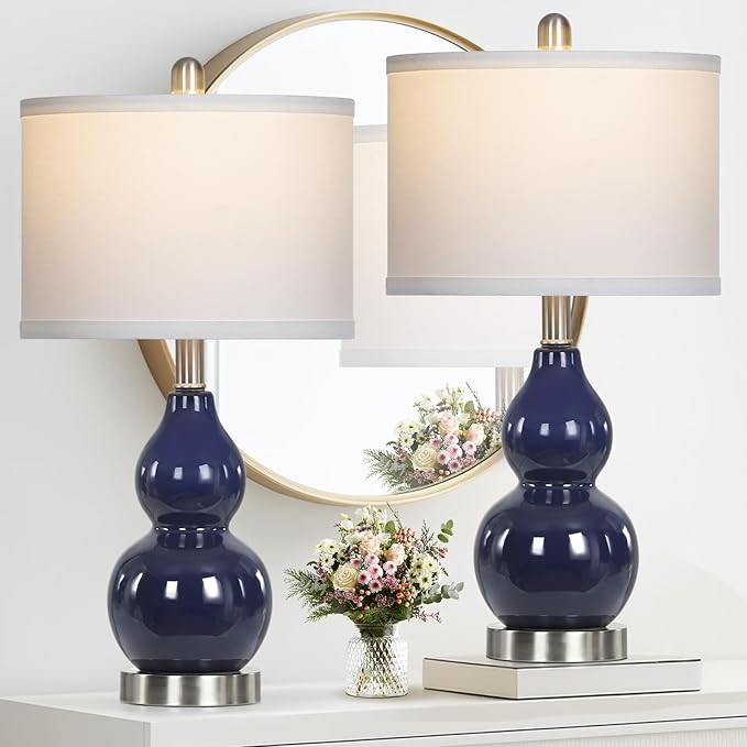 Double Gourd Ceramic Table Lamps Set of 2, Modern Navy Blue Bedside Lamps for Night Stand, Contemporary Nightstand Lamps for Bedroom Living Room (Bulb Included)