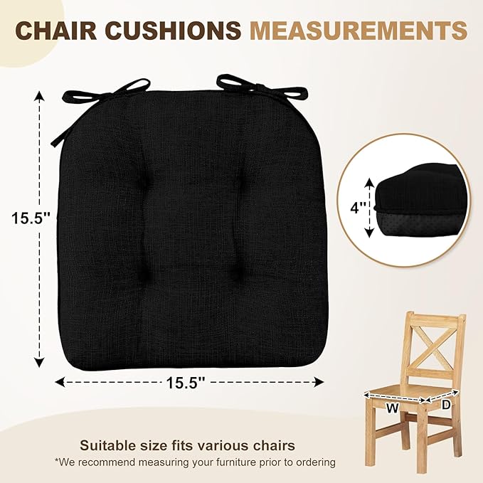 downluxe Indoor Chair Cushions for Dining Chairs, Tufted Overstuffed Textured Foam Kitchen Chair Pads with Ties and Non-Slip Backing, 15.5" x 15.5" x 4", Black, 4 Pack