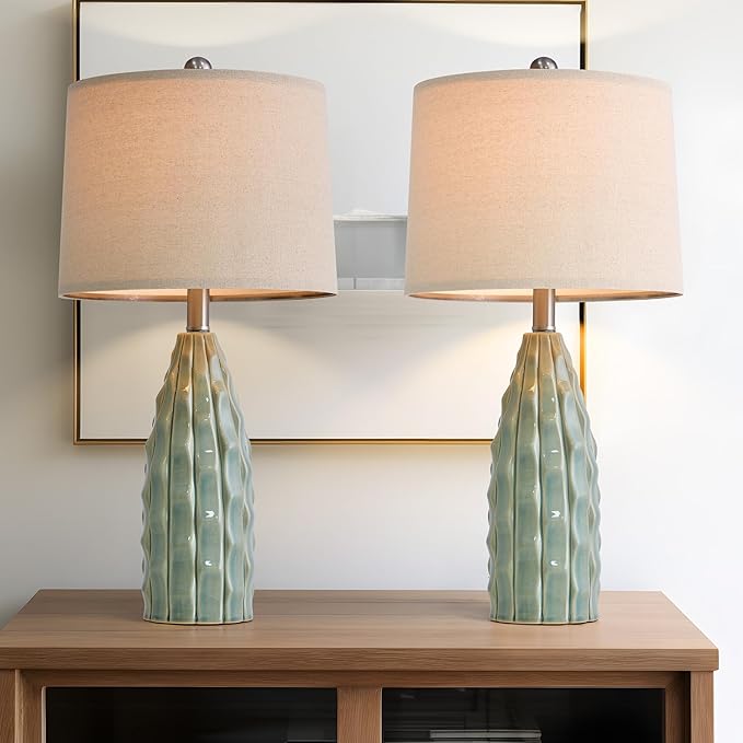 Ceramic Table Lamps Set of 2, 23.75" Modern Farmhouse Bedside Lamp - Green Nightstand Lamps for Bedroom, Boho Living Room End Tables, Small Office Desk Lamp Decor