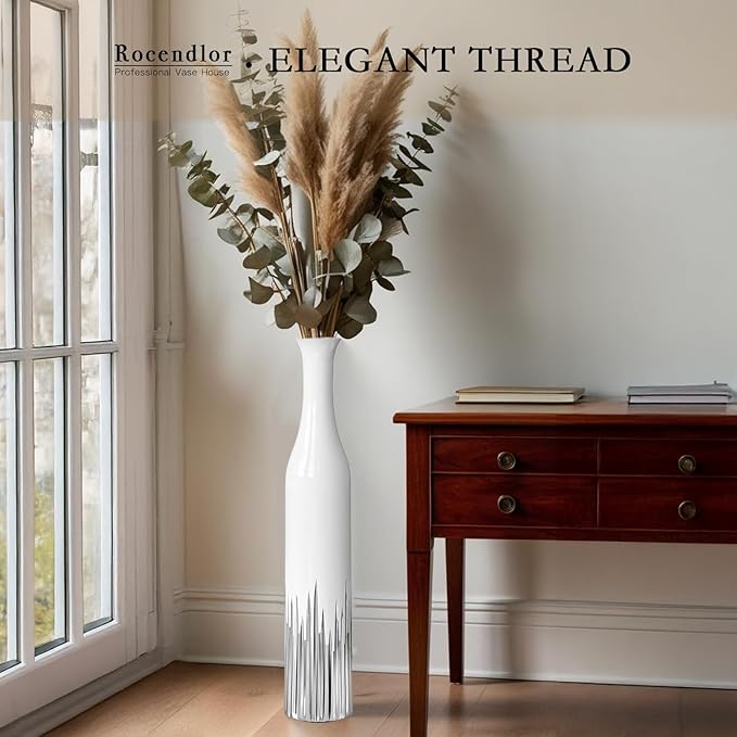 27.5 Inch White Floor Vase – Silver Geometric Tooth Pattern, Cylindrical Decorative Tall Vases for Modern Home, Wedding, Entryway – Resin Tall Floor Vase