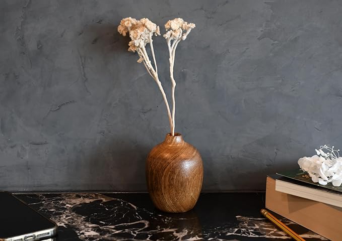 AeraVida Rustic Elegance Small Round Hand-Carved Wooden Flower Vase | Mango Tree Wood Kitchen Decor | Handmade Vase | Handmade Home Office Table Vase