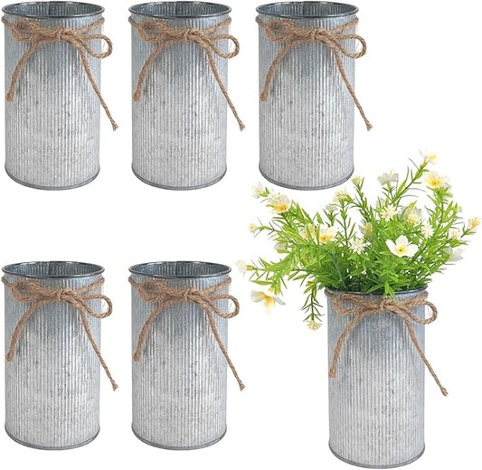 6" High Vase Centerpiece for Table, Rustic Farmhouse Mason Jars with Twine Bow, Vintage Galvanized Metal Flower Container for Wedding Home Decor (Silver, 6Pcs)
