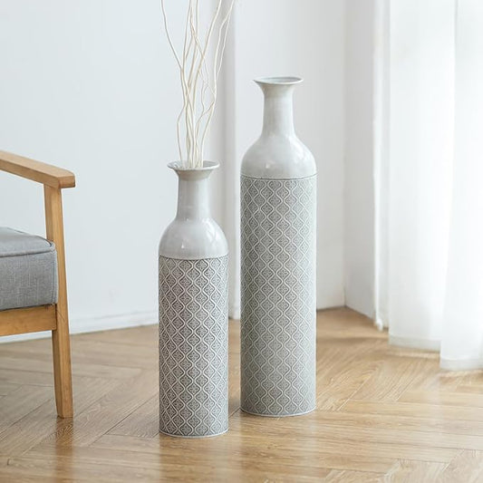 Sziqiqi Tall Extra Large Floor Vases - 21.65/27.56in Glazed Metal Set of 2 Big Oversized Vases for Pampas Grass, Twigs - Vintage Grey for Living Room, Bedroom, Home, Farmhouse
