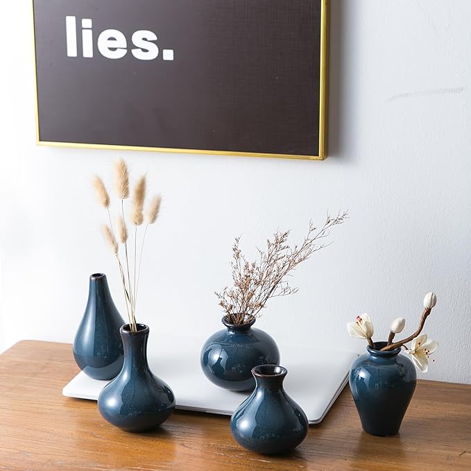 Blue Bud Vase Set of 5 – Small Ceramic Vases for Modern Boho Decor, Mini Pottery Vases for Living Room Fireplace, Centerpiece Table Decorations