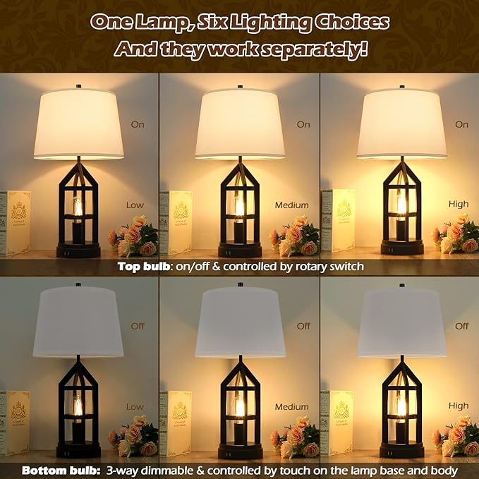 BesLowe 2-Light Farmhouse Touch Table Lamps, 3-Way Dimmable Bedside Lamps with 2 USB Ports for Bedroom, Rustic End Table Lamps for Living Room with White Shades, 4 LED Bulbs Included, Set of 2
