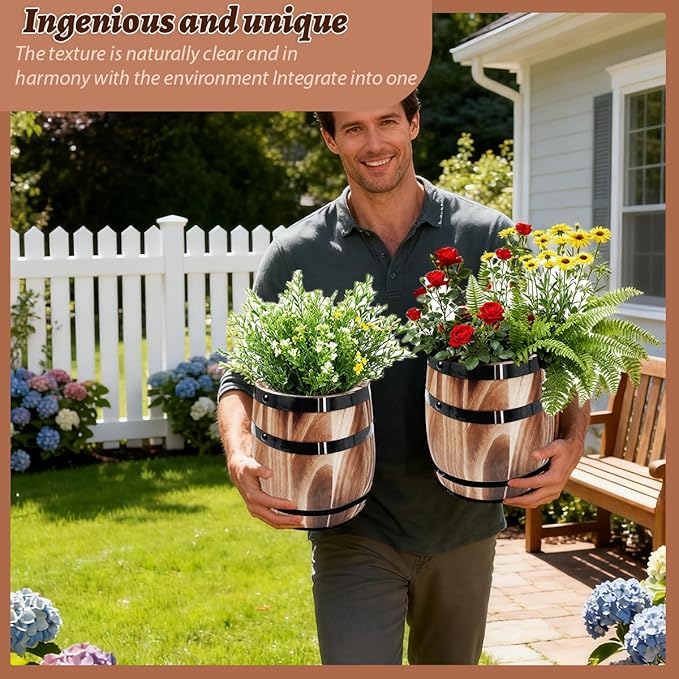 Sunmuliiiy1Pcs Wood Wine Barrel Vase 8" x 6.5" Rustic Wooden Flower Vase Rustic Barrel Barrel Planter for Wedding Reception Table Decoration Home Indoor Outdoor Garden, Kitchen, Party Table Decoration