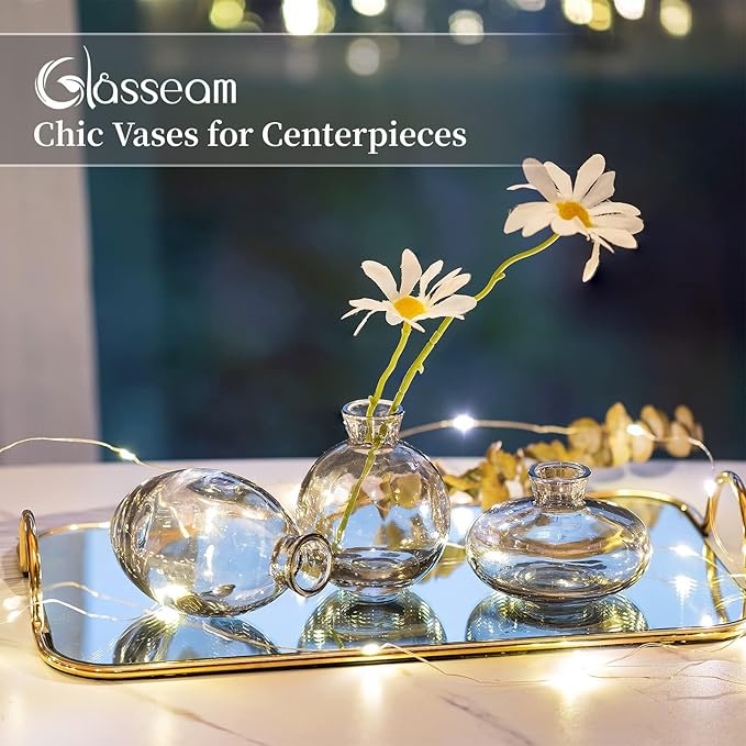 Glass Bud Vase for Centerpieces, 6Pcs/2Sets Glasseam Modern Gray Mini Small Vases for Flowers Bulk Flower Vase Set Aesthetic Cute Handmade Tiny Short Wedding Table Centerpiece Decor