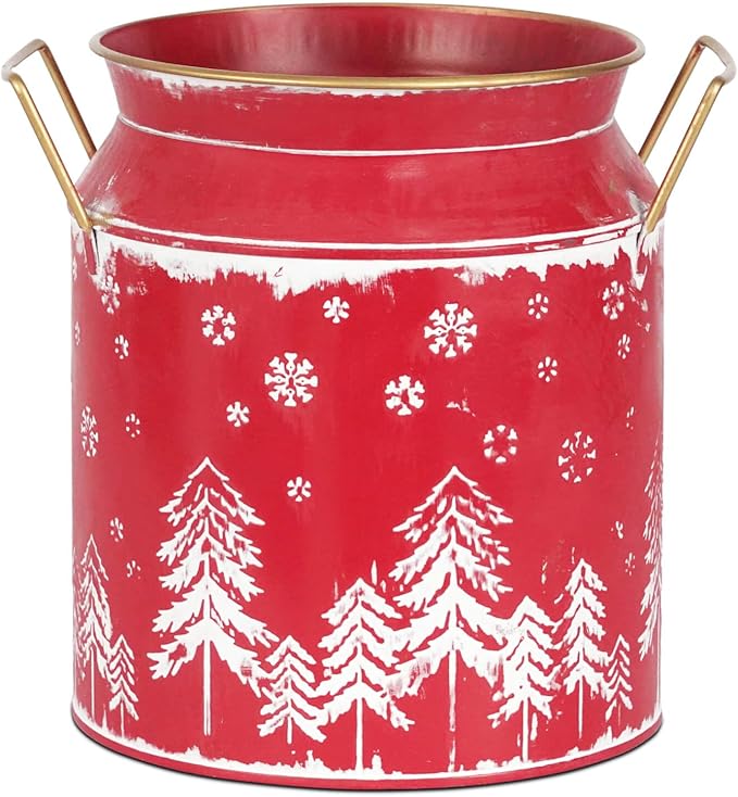 Putuo Decor Large Metal Milk Can with White Winter Forest Snowflake Design Rustic Farmhouse Holiday Vase with Gold Handles Vintage Christmas Décor for Festive Centerpieces Home Accents (Red)
