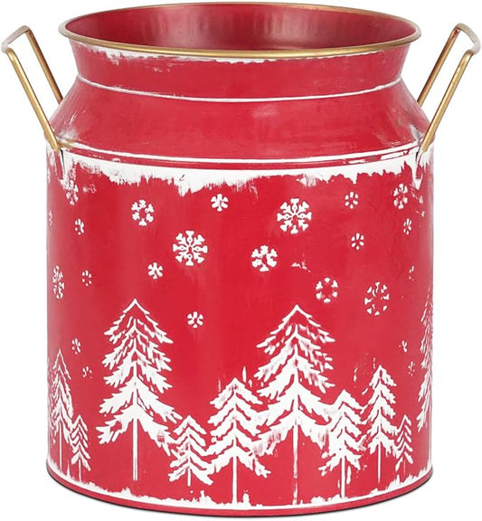 Putuo Decor Large Metal Milk Can with White Winter Forest Snowflake Design Rustic Farmhouse Holiday Vase with Gold Handles Vintage Christmas Décor for Festive Centerpieces Home Accents (Red)
