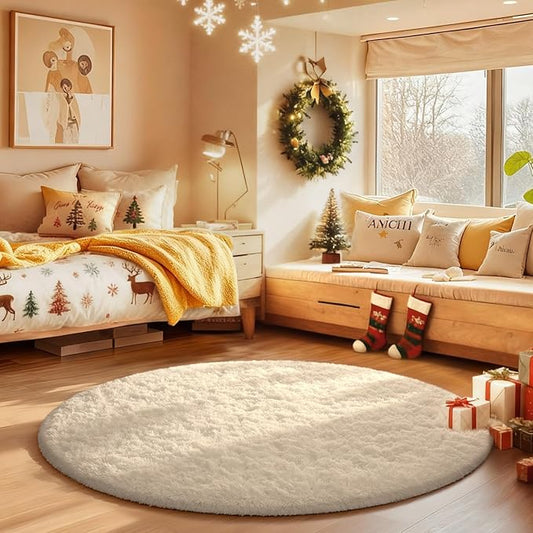Ophanie Round Rugs 3Ft Ivory Circle Area Rug,Christmas Room Decor, Aesthetic Nursery Bedroom Carpet, Fluffy Fuzzy Plush Soft Shaggy Cream Living Room Rugs for Kids Boys Girls Teen Baby Home, Dorm