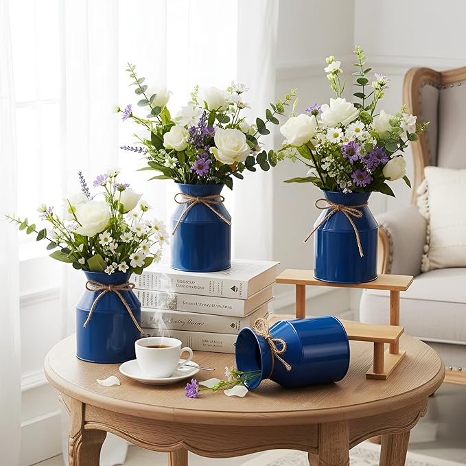 Domensi 5.12 Inch Farmhouse Metal Flower Vase Decor Rustic Galvanized Milk Can Jug Vase with Bow Flower Buckets for Table Centerpiece Fall Halloween Wedding Home Dinging Room Decor(Dark Blue,6 Pcs)