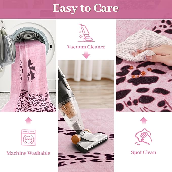 OJIA Leopard Print 5x7 Area Rugs for Living Room, Soft Washable Rugs for Bedroom Ultra-Thin Non-Slip Moden Pink Rug, Stain Resistant Nursery Rug Carpet for Kids Playroom Classroom Dining Room