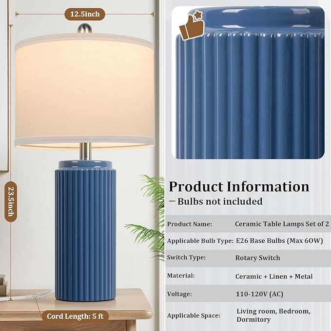TOBUSA 23.5’’ Blue Table Lamps for Bedroom Set of 2, Modern Farmhouse Ceramic Bedside Nightstand Lamps for Living Room, Decorative Boho Ceramic Lamps Set for Home Office End Table Console, White Shade