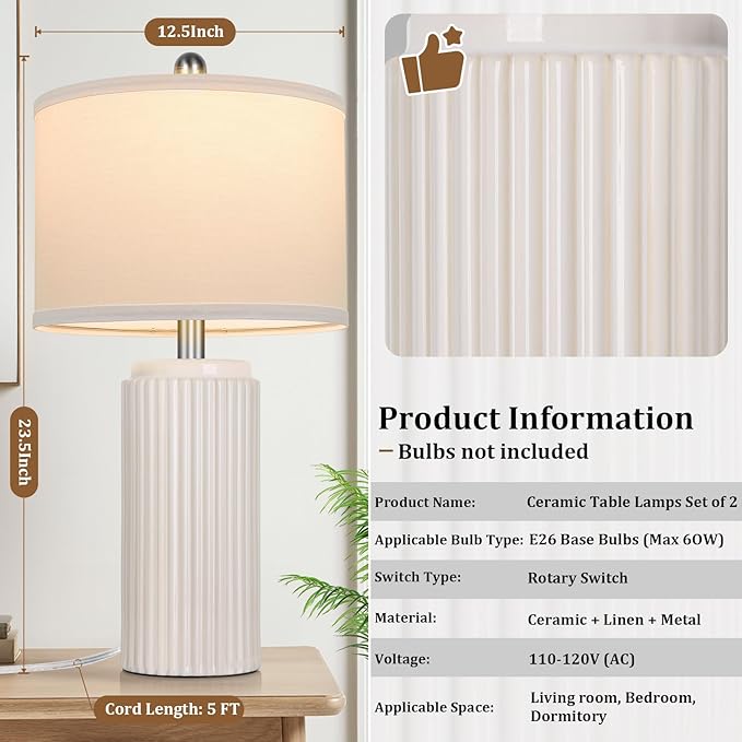 TOBUSA 23.5’’ Modern Ceramic Table Lamps Set of 2 for Living Room, Farmhouse Vintage Bedside Table Lamps with White Linen Shade, Rustic Bedroom Ceramic Lamps for Nightstand Home Office End Table Dorm