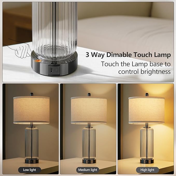 WIHTU Table Lamps Set of 2 with Vertical Grained Glass, 3-Way Dimmable Nightstand Lamp with Touch Control, 27" Modern Glass Bedside Lamps with USB A+C Ports, Glossy Black Desk Lamp for Bedroom