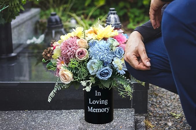 Metal Grave Memorial Vase Flower Holder in Ground Cemetery Vase Grave Decorations with Spikes and Floral Foam (Round) Black