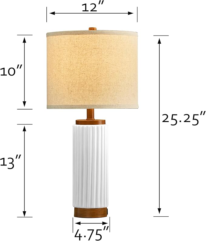 White Ceramic Table Lamps Set of 2, 25 Inch Modern Farmhouse Lamp with Oatmeal Shade for Living Room, Bedroom & Nightstand, 3-Way Dimmable White Desk Lamps
