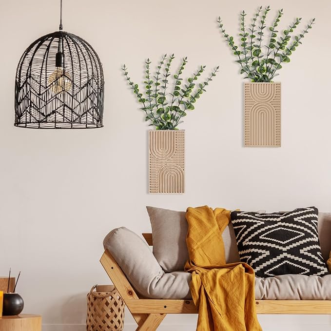 2 Pack Modern Farmhouse Wall Decor Wood Planter Vase with Artificial Eucalyptus Farmhouse Bohemian Hanging Wall Decor for Bathroom Dinning Room Living Room Hallway Bedroom(Brown)