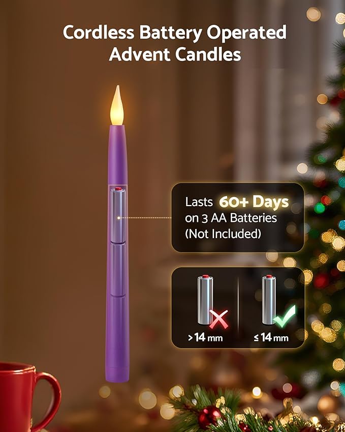 10.5'' Advent Candles Battery Operated Set of 4 with Remote, Timer & Dimmer, Plastic Flameless LED Taper Candlesticks for Advent Wreath, Christmas Table Centerpiece Decor