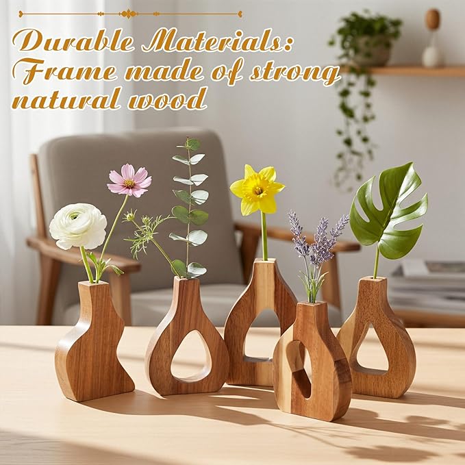 Blulu Set of 12 Small Wooden Vases for Centerpiece Decor Mini Wood Vase for Faux Flowers Plants Modern Scandinavian Home Decor for Kitchen Table Living Room