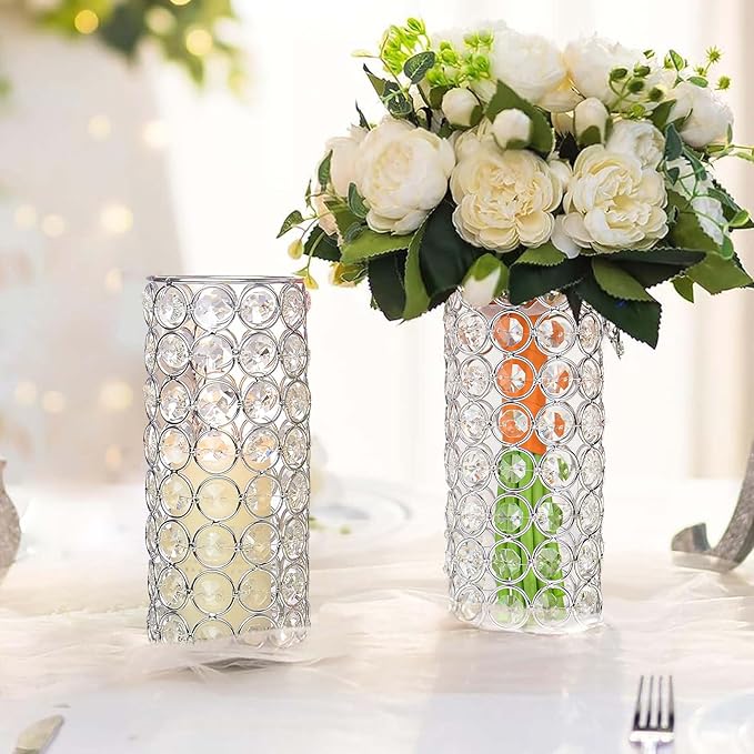 8 Pcs Crystal Metal Vase Centerpiece, 7.9" Cylinder Flower Vase and Hollow-Out Candle Holder for Wedding, Party, Home Table Decor (8, Silver)