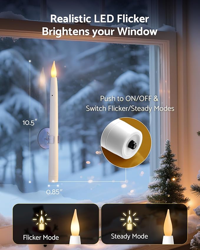 10.5" Window Candles Battery Operated with Suction Cups, Dusk to Dawn LED Flickering Candle Lights for Window, Flameless Taper Candlesticks for Christmas Holiday Decor, 6 Pack, White