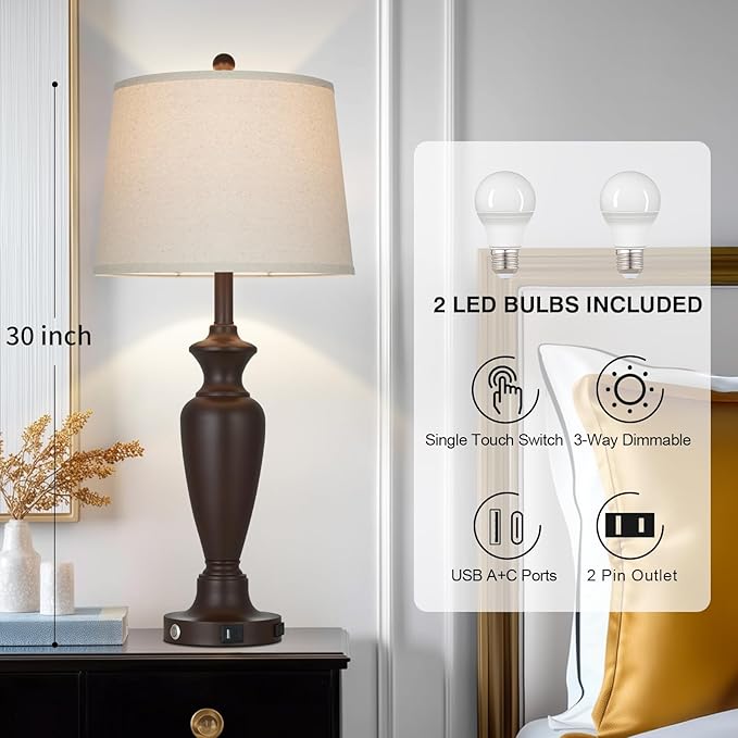 30" Tall Metal Table Lamps Set of 2, Touch Control Bedside Lamps for Bedroom Nightstand, 3-Way Dimmable Farmhouse Lamp for Living Room with Charging Ports, Brown (2 LED Bulbs Included)