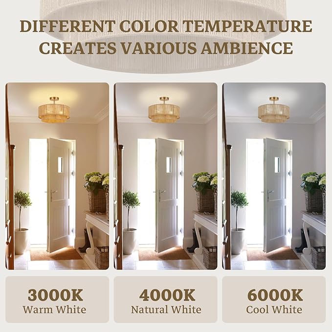 16'' Semi Flush Mount Ceiling Light,Boho Light Fixtures,3-Light Coastal Hemp Rope Ceiling Light Flush Mount with 2-Tier Drum Shade,Farmhouse Rattan Ceiling Lights for Bedroom, Kitchen,Living Room