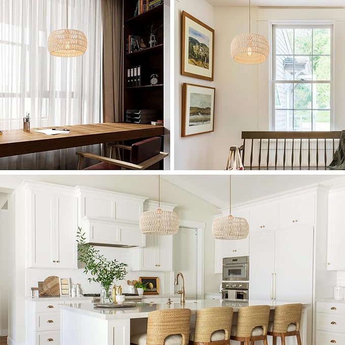 Rattan Pendant Light Fixture Drum Basket Chandelier Hanging Lights Cream White Boho Ceiling Lighting Flush Mount Ceiling Lights Woven Kitchen Chandeliers for Dinning Room Hallway Bedroom